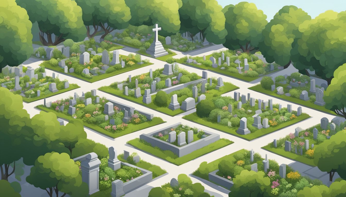 A bird's-eye view of a cemetery with neatly arranged rows of headstones and pathways, surrounded by trees and greenery