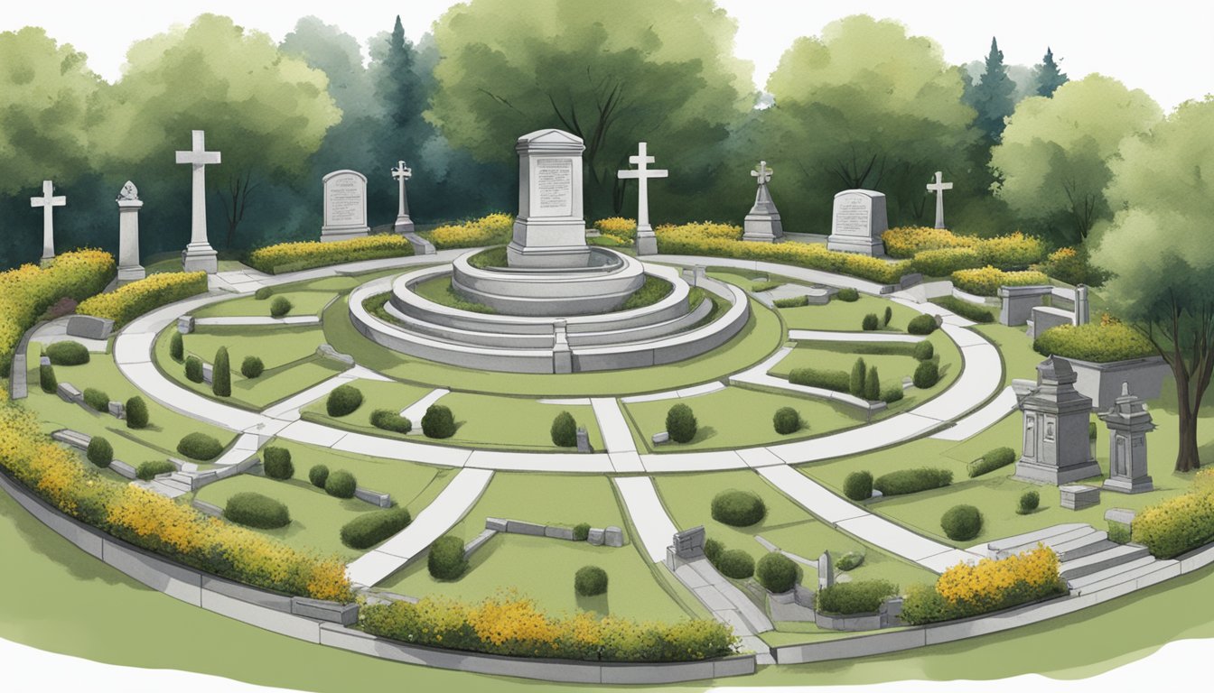 The cemetery plot layout features winding paths and various headstone shapes, with benches scattered throughout for visitors to sit and reflect