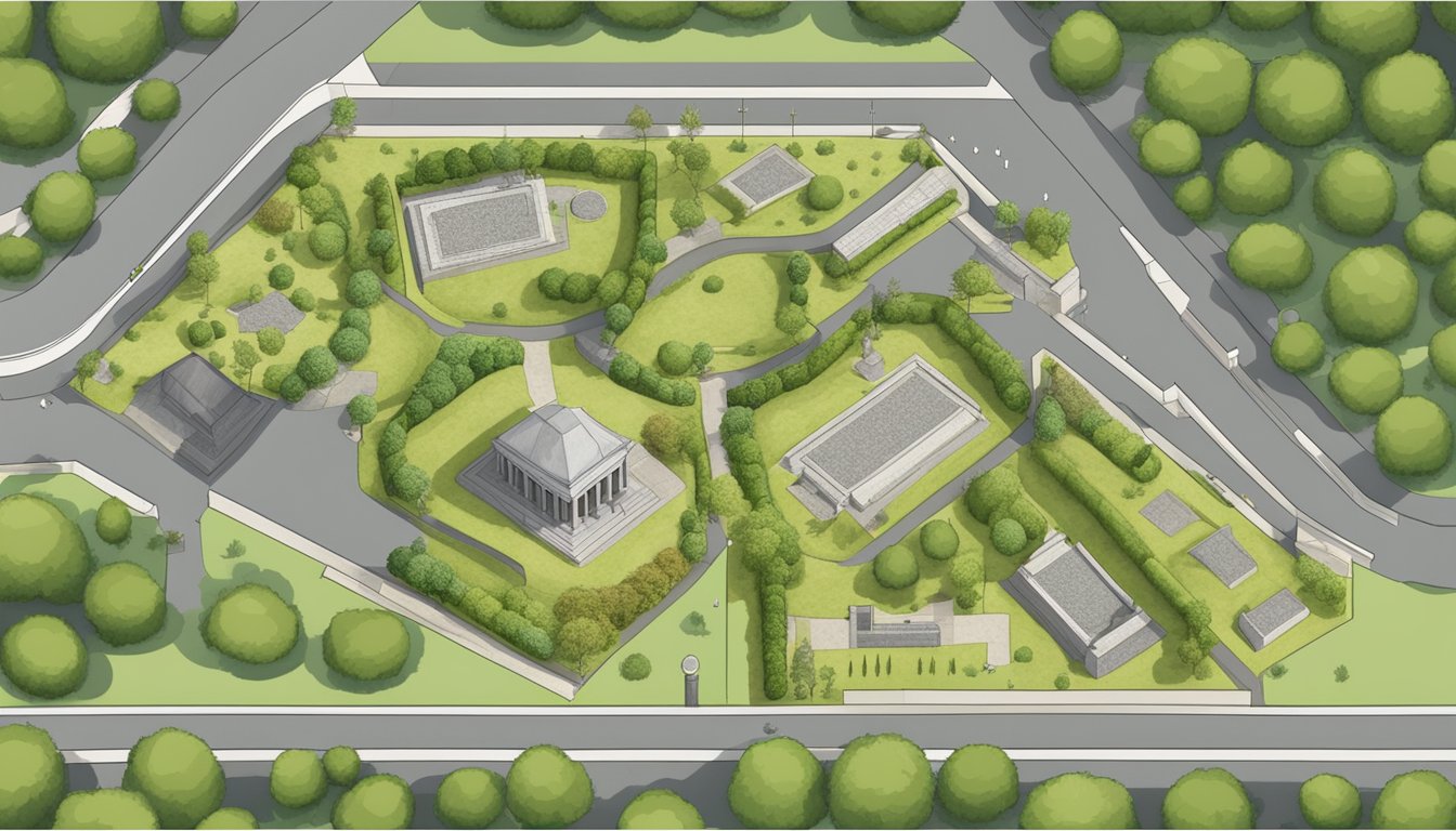 A cemetery plot layout with designated sections for legal and administrative purposes