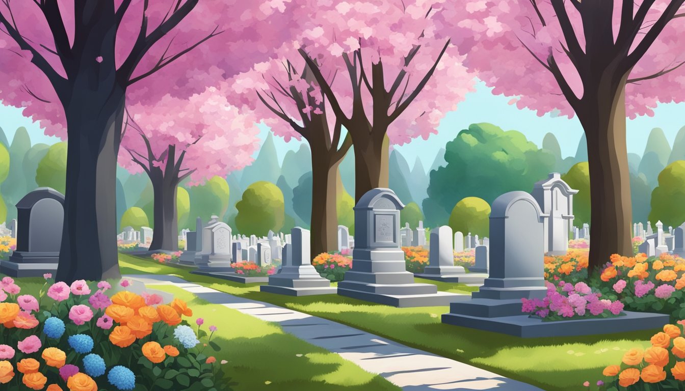 A peaceful cemetery with rows of gravestones, surrounded by tall trees and colorful flowers