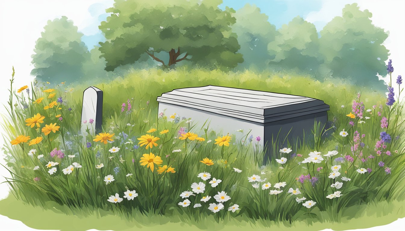 A small, simple grave plot surrounded by tall grass and wildflowers