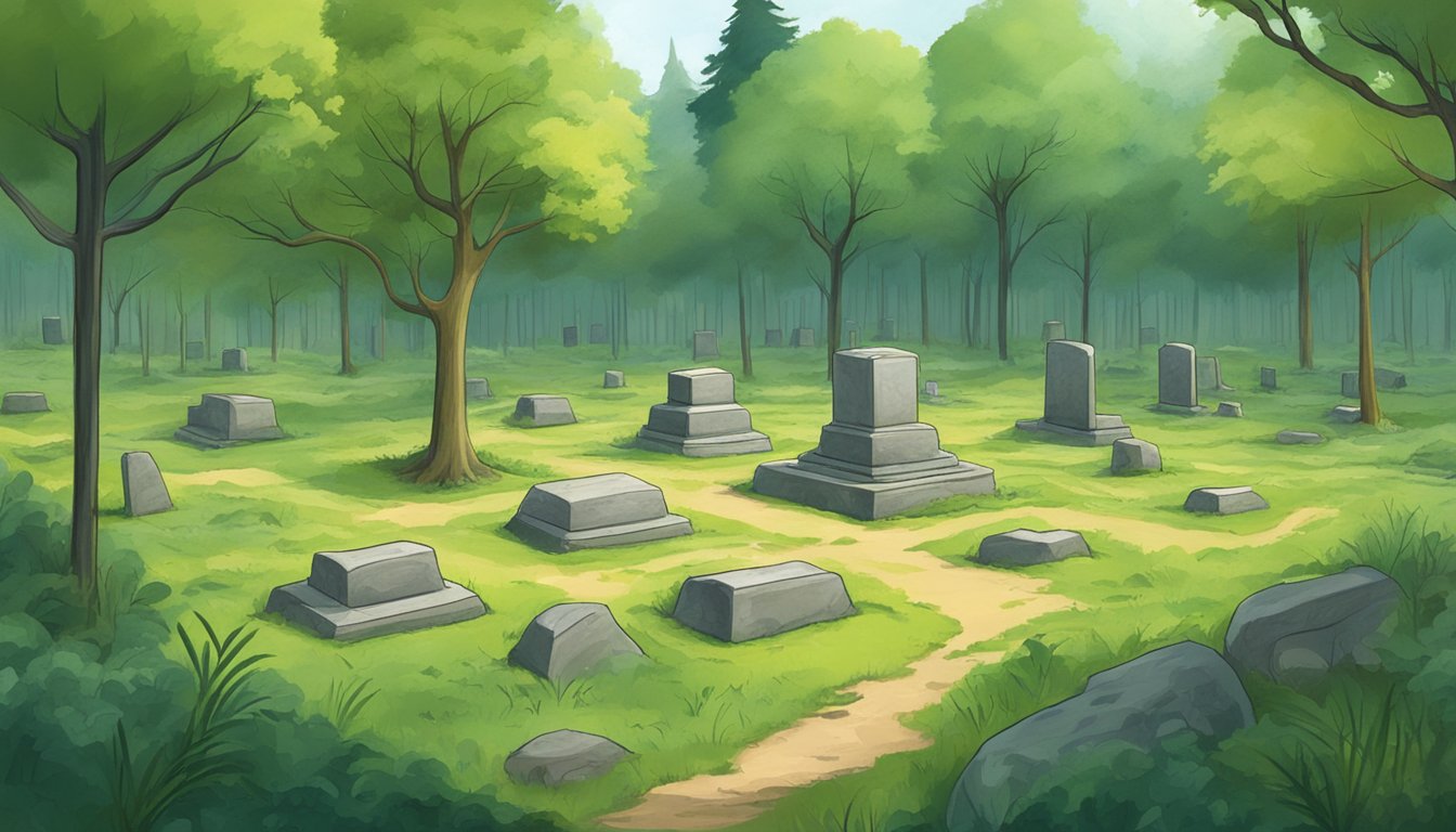 A small, serene clearing in a lush forest, with a single tree standing tall in the center, surrounded by small, unmarked grave plots