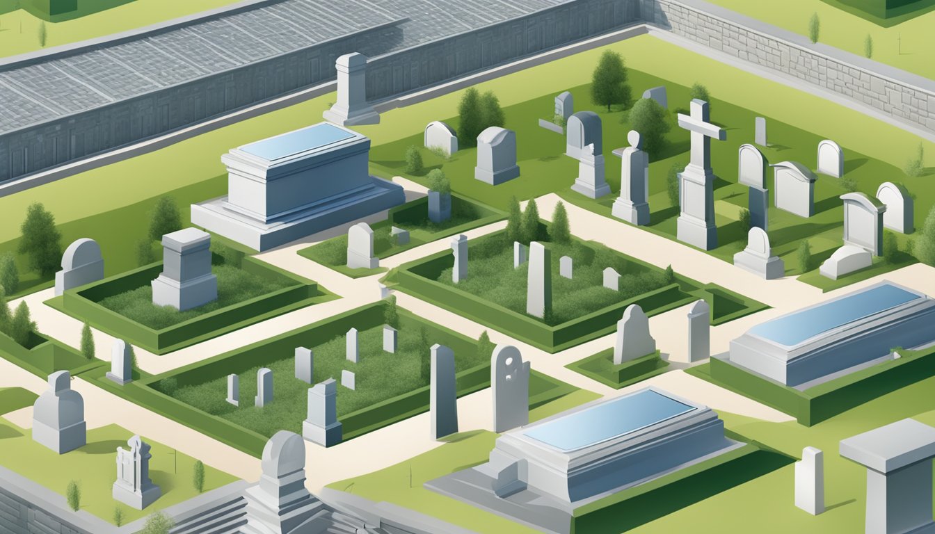 A cemetery plot template being securely stored in a digital database, surrounded by layers of encryption and security measures