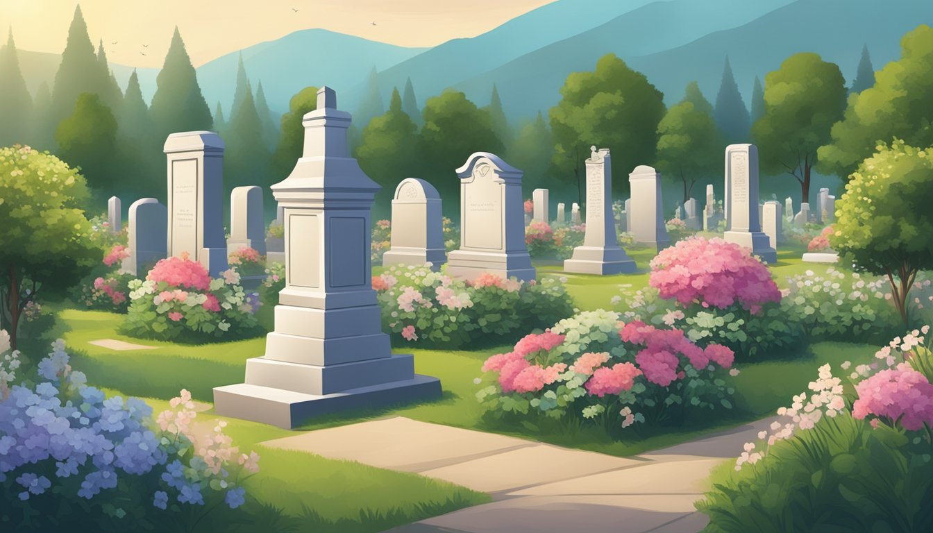 A serene cemetery with neatly arranged burial plots, adorned with flowers and surrounded by lush greenery