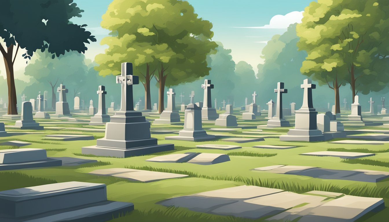 A serene cemetery with rows of empty grave plots, surrounded by trees and a peaceful atmosphere