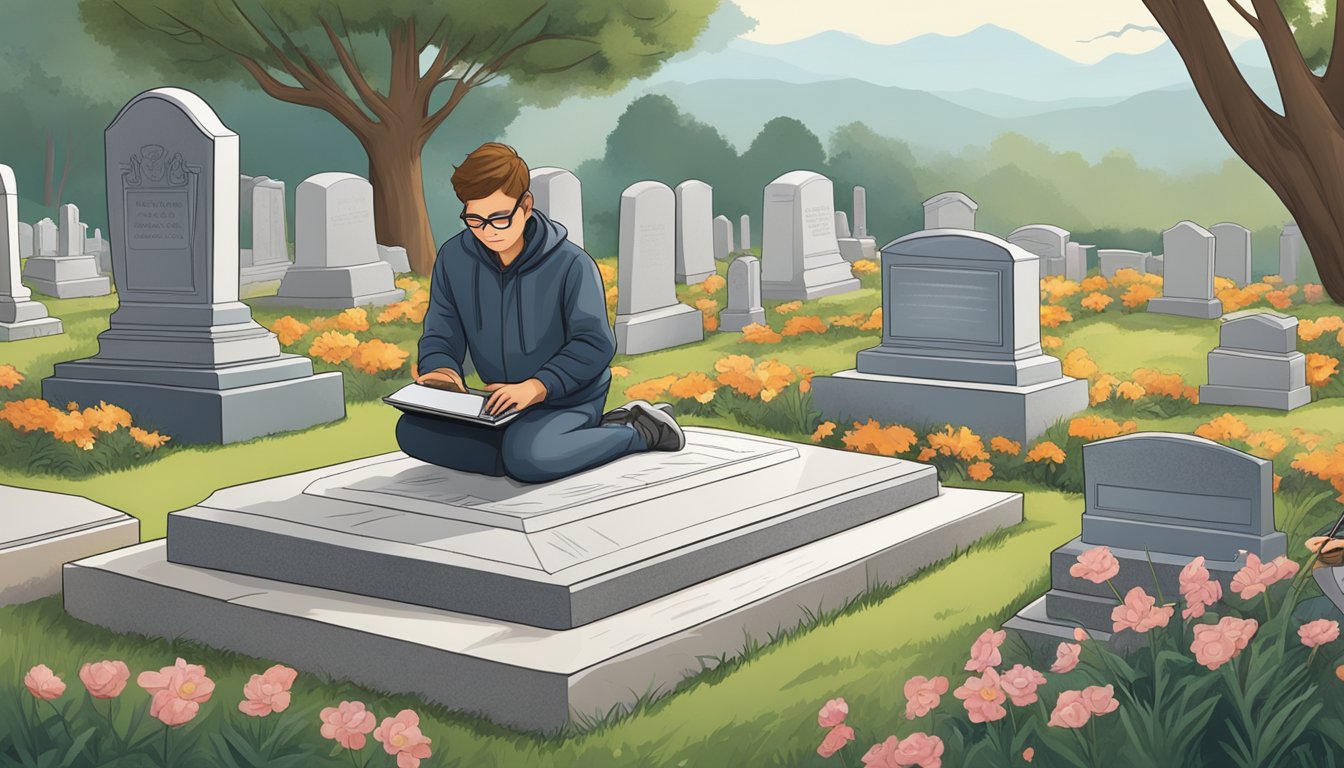 A person customizes a headstone template on a laptop in a peaceful cemetery plot