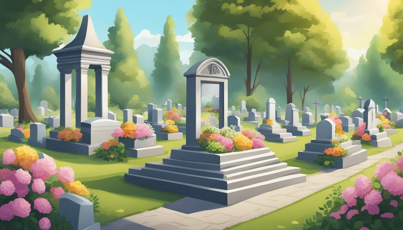 A serene cemetery plot with neatly arranged headstones and floral decorations