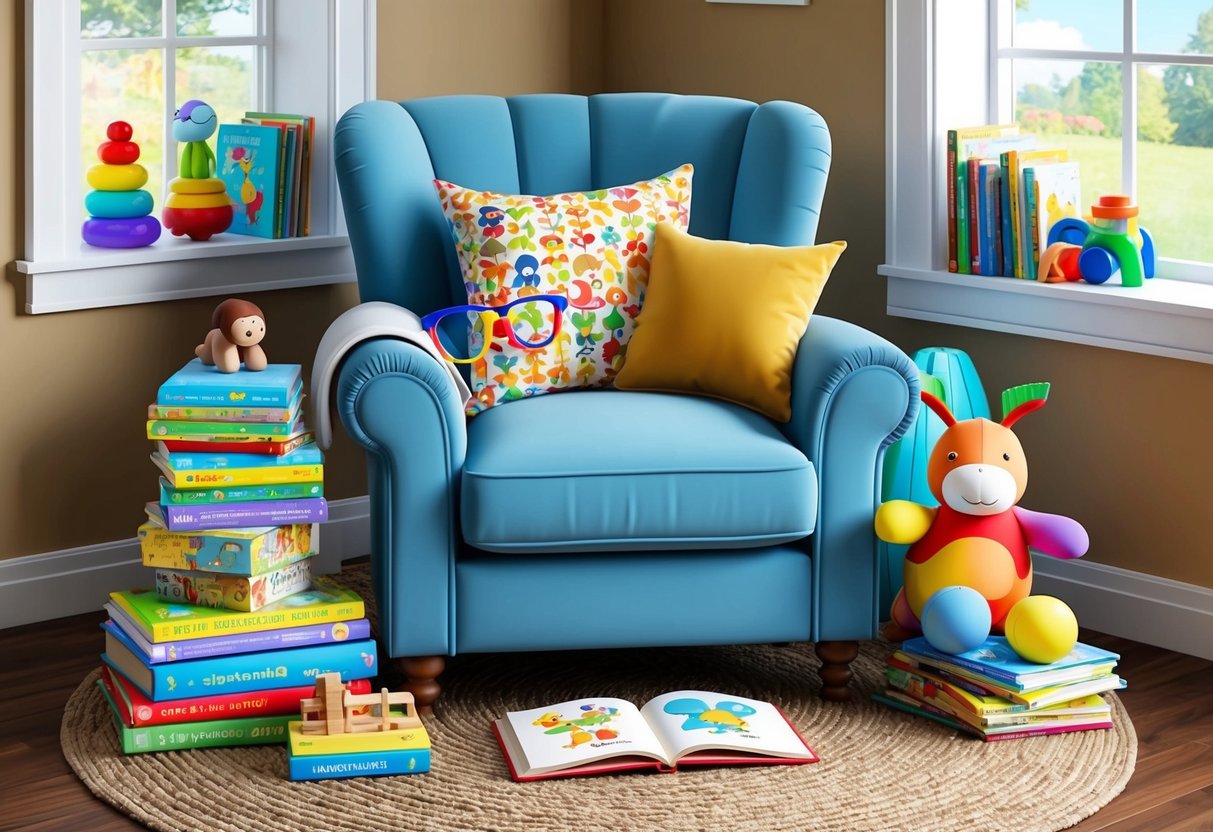 A cozy armchair surrounded by children's books and toys. A pair of colorful glasses rests on the arm of the chair, ready for storytime with the little ones