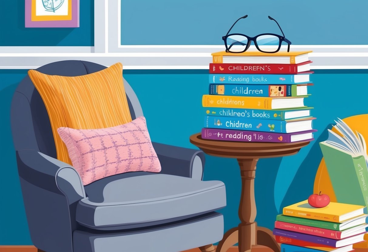 A cozy reading corner with a comfortable chair, a small table with a stack of children's books, and a pair of reading glasses placed on top