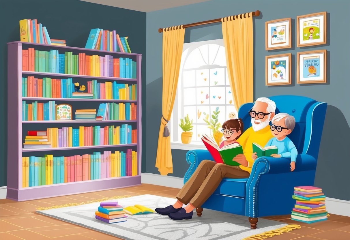 A cozy reading nook with colorful children's books, a pair of stylish reading glasses, and a comfortable armchair for grandparents to share stories with their little ones