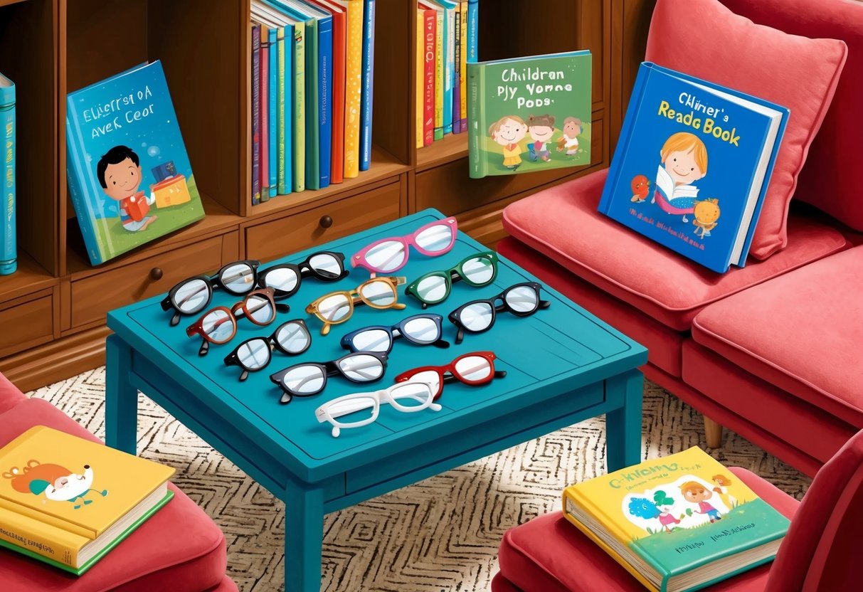 A cozy reading nook with a variety of reading glasses displayed on a table, surrounded by children's books and comfortable seating