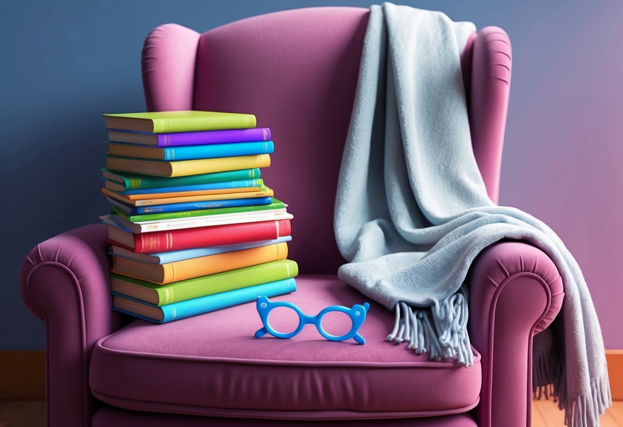 A cozy armchair with a stack of colorful storybooks, a pair of whimsical children's glasses, and a soft blanket draped over the backrest