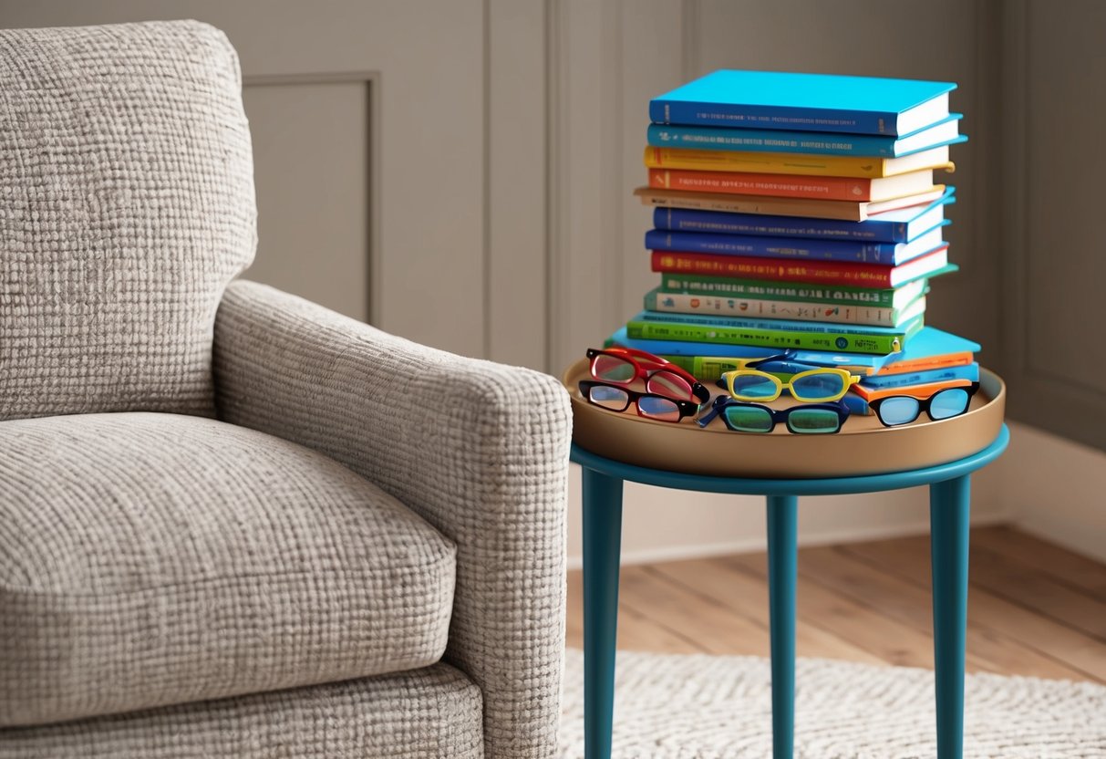 A cozy armchair with a side table holding a variety of reading glasses in different styles and colors. A stack of children's books sits nearby