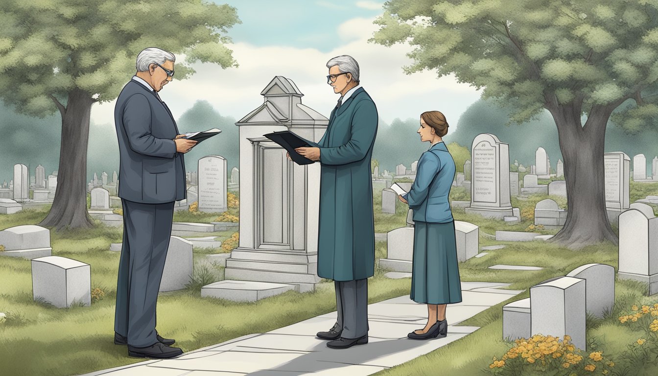 A cemetery plot deed being exchanged between two people, with a sense of solemnity and importance