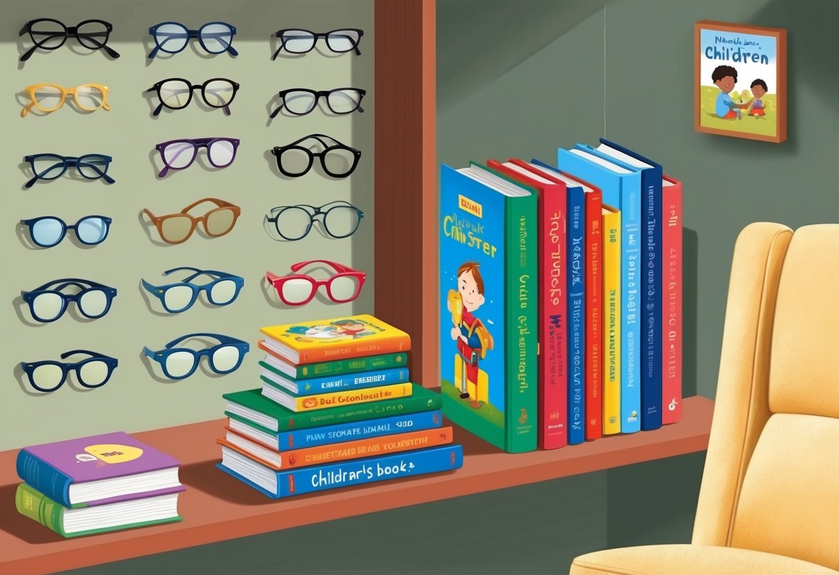 A cozy reading nook with a variety of reading glasses displayed on a shelf, next to a stack of children's books and a comfortable chair