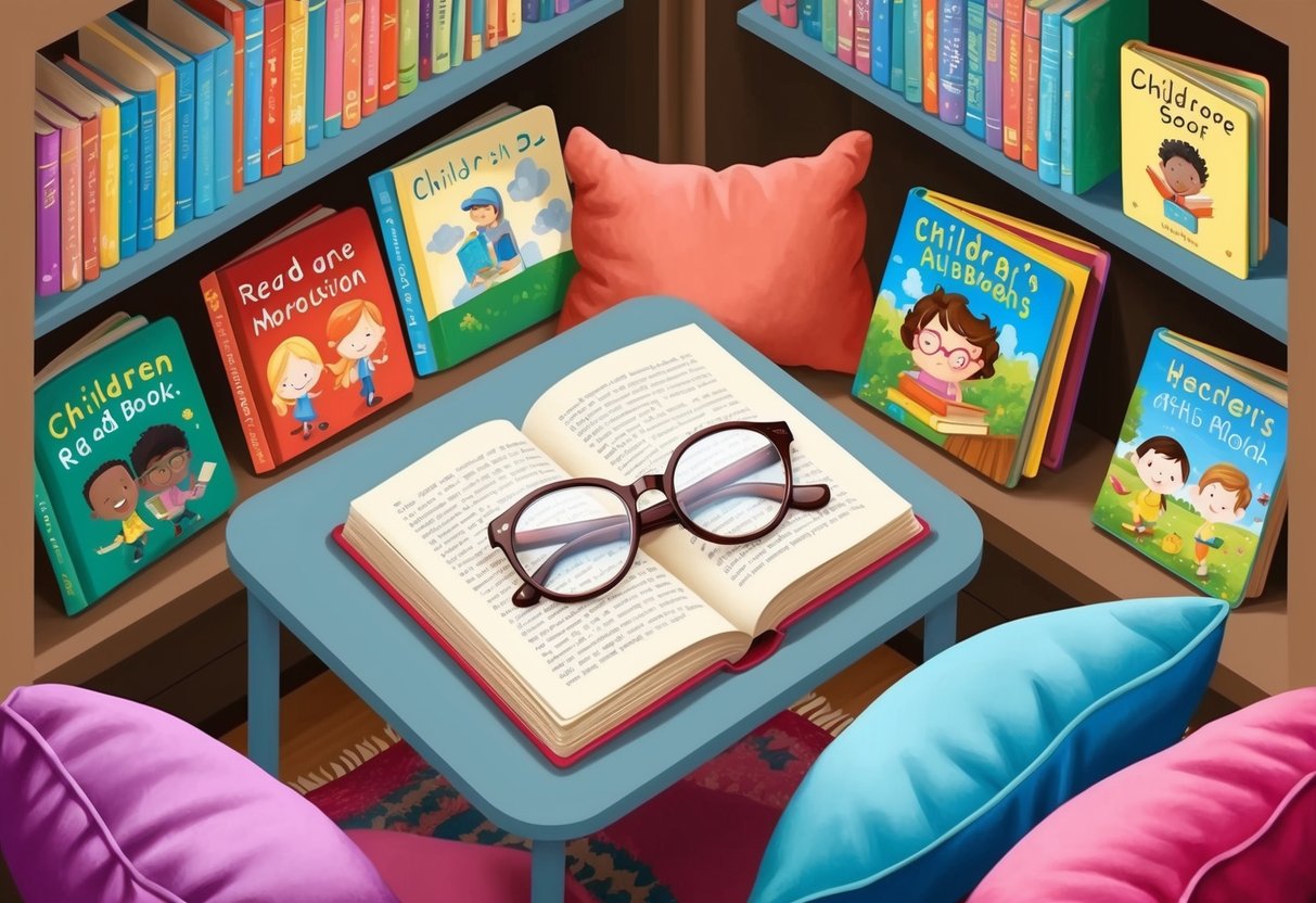 A cozy reading nook with two pairs of glasses on a small table, surrounded by children's books and soft cushions