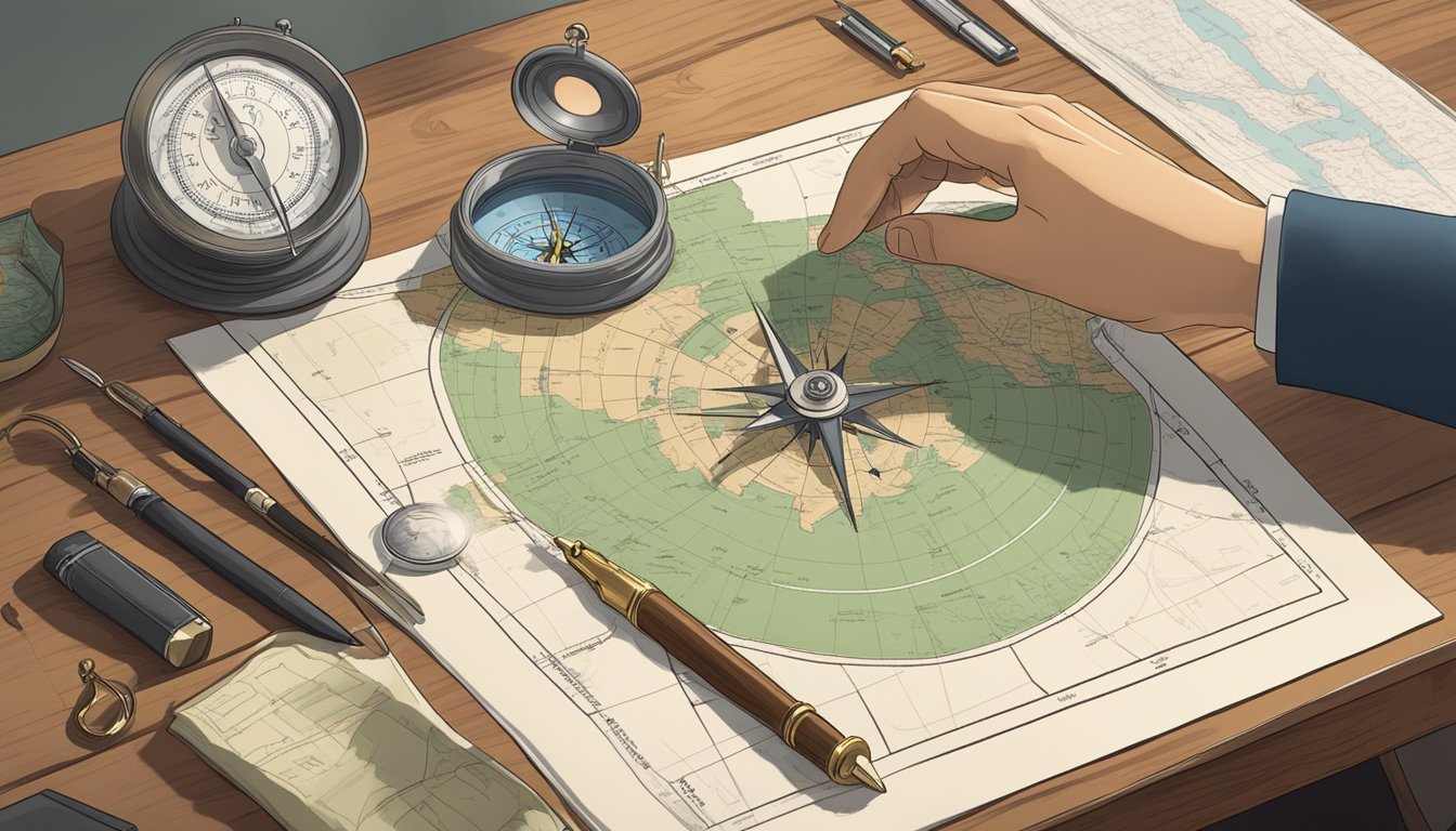 A hand holding a cemetery plot deed with a map and compass on a desk