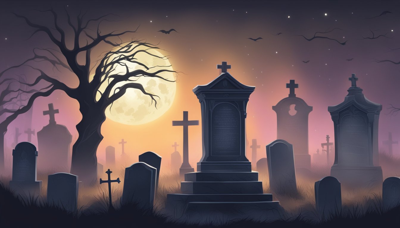 A dark graveyard with eerie tombstones, surrounded by mist and moonlight