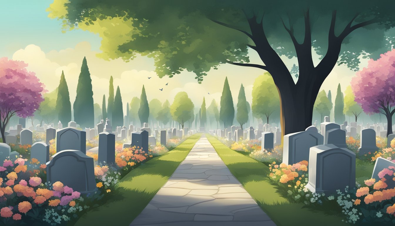 A serene cemetery with gravestones arranged in neat rows, surrounded by trees and flowers. A sense of peacefulness and reverence fills the air