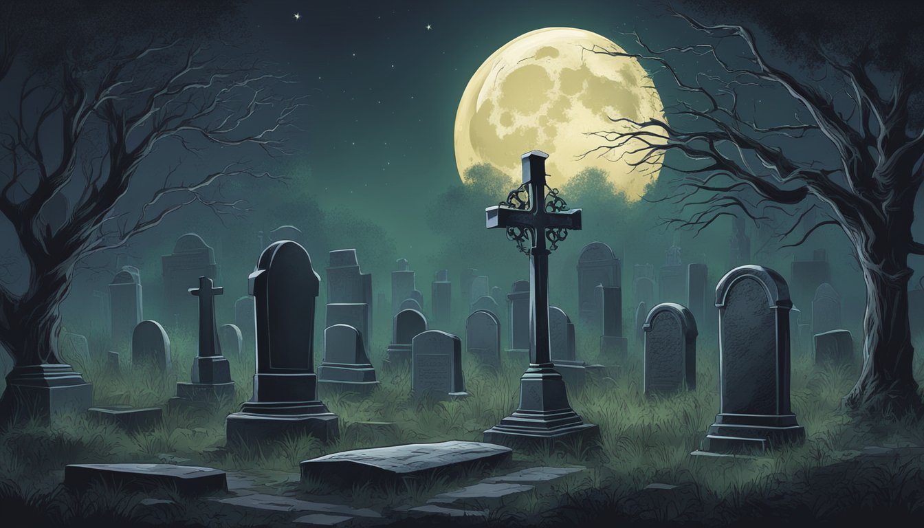 A dark, eerie graveyard with old tombstones and overgrown vegetation. The moon casts a haunting glow over the Notable Singles and Tracks grave plot