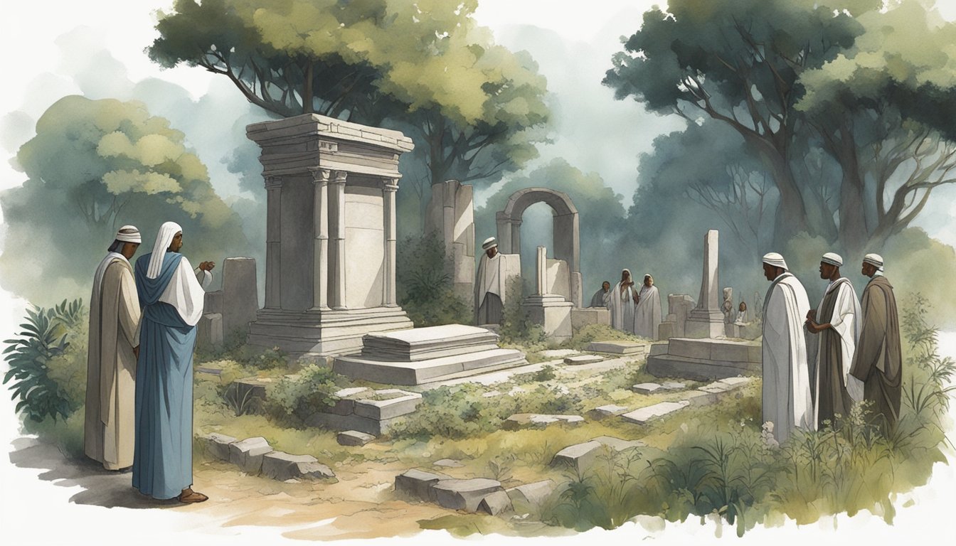 A group of figures gather around a burial site, surrounded by ancient ruins and overgrown vegetation. A sense of reverence and solemnity fills the air as they perform the burial rites