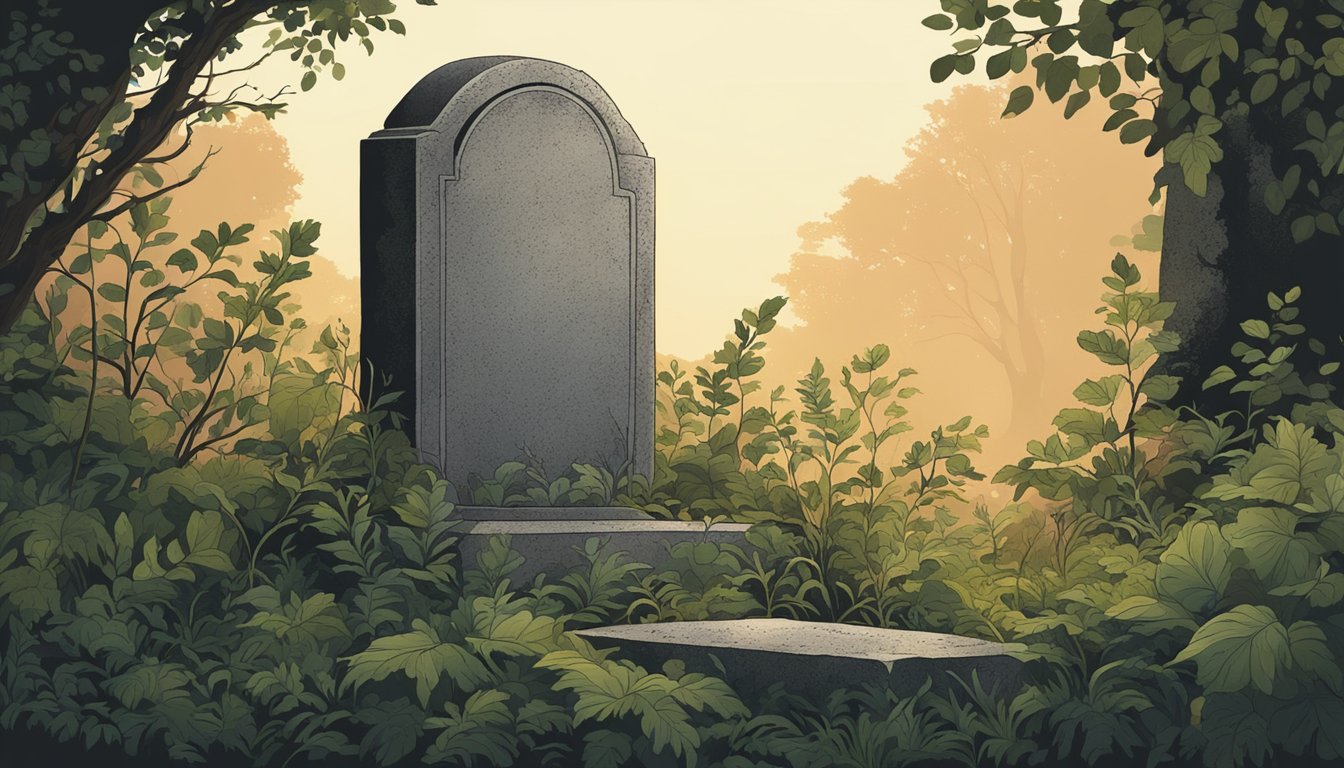 A weathered gravestone stands amidst overgrown foliage, casting a solemn shadow in the fading light