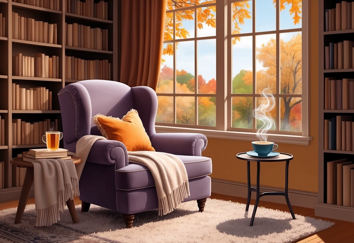 A warm, inviting reading nook with a plush armchair, soft throw blanket, and a side table with a steaming cup of tea, surrounded by shelves of books and autumn foliage