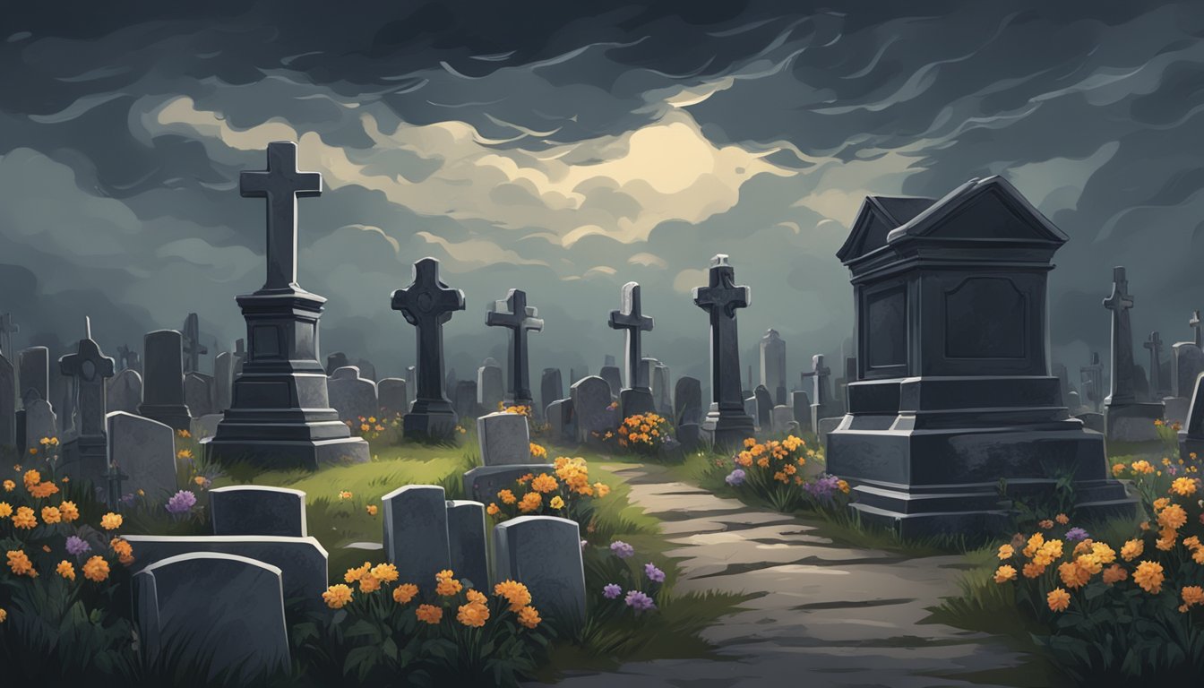 A dark cemetery with headstones and wilted flowers under a stormy sky