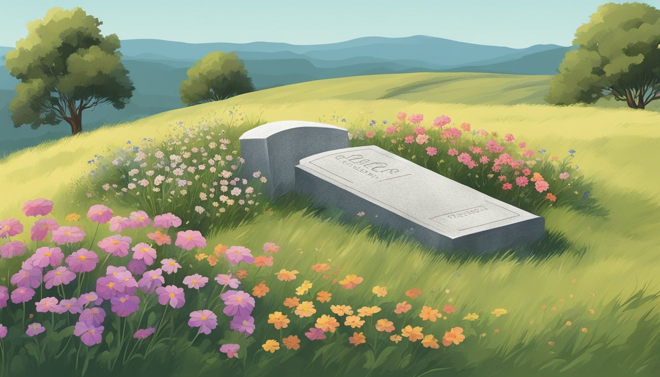 A solitary grave on a windswept hill, surrounded by wildflowers and marked by a simple, weathered headstone