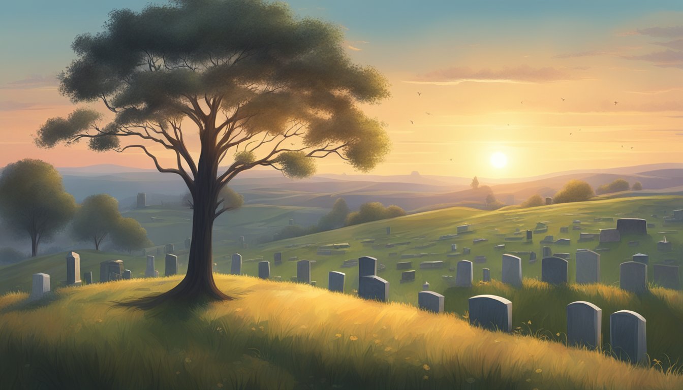 A lone tree stands on a hill, overlooking a serene cemetery. Gravestones are scattered among the tall grass, with a soft glow emanating from the setting sun