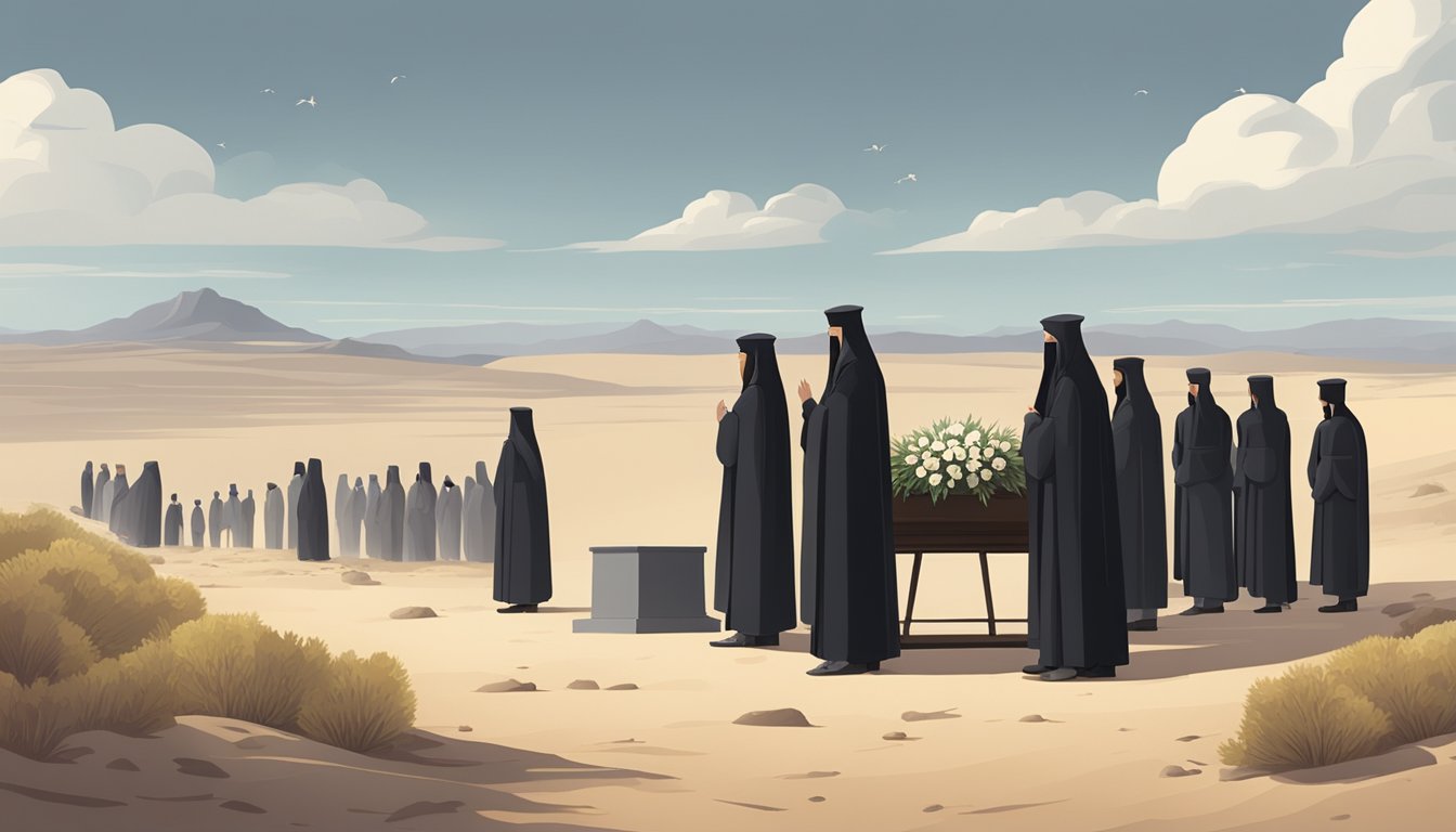 A solemn funeral procession in a barren landscape, with mourners gathered around a simple grave site