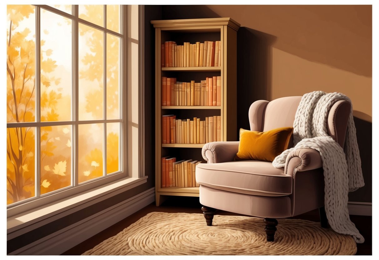 A warm, inviting reading nook nestled in a corner by a large window. A plush armchair sits next to a small bookshelf filled with autumn-themed books. A soft, knit blanket drapes over the back of the chair. Warm, golden light filters through the window, casting a cozy glow over the space