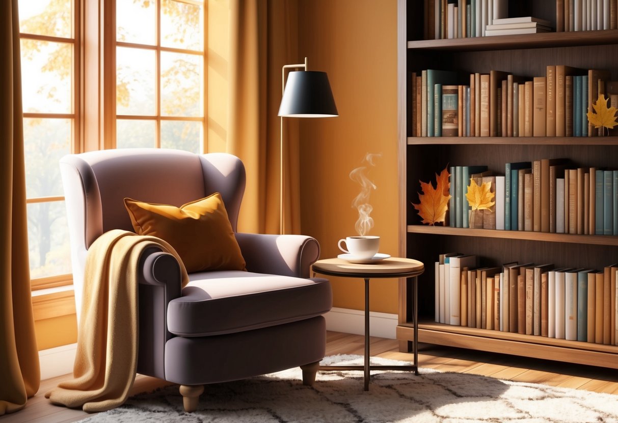 A warm, sunlit corner with a plush armchair, soft throw blanket, and a small side table holding a steaming cup of tea. A bookshelf filled with autumn-themed books completes the cozy reading nook