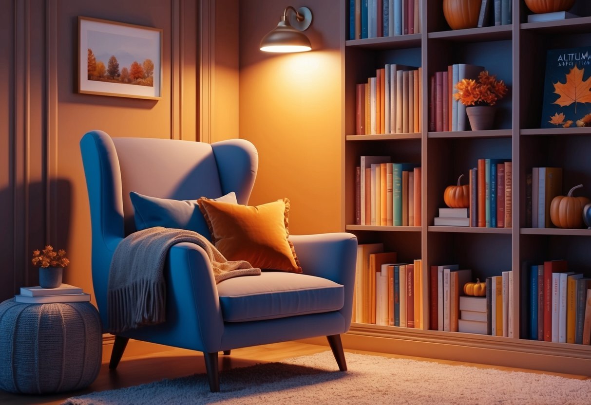 A cozy reading nook with a plush armchair, soft throw blanket, warm lighting, and a bookshelf filled with autumn-themed books