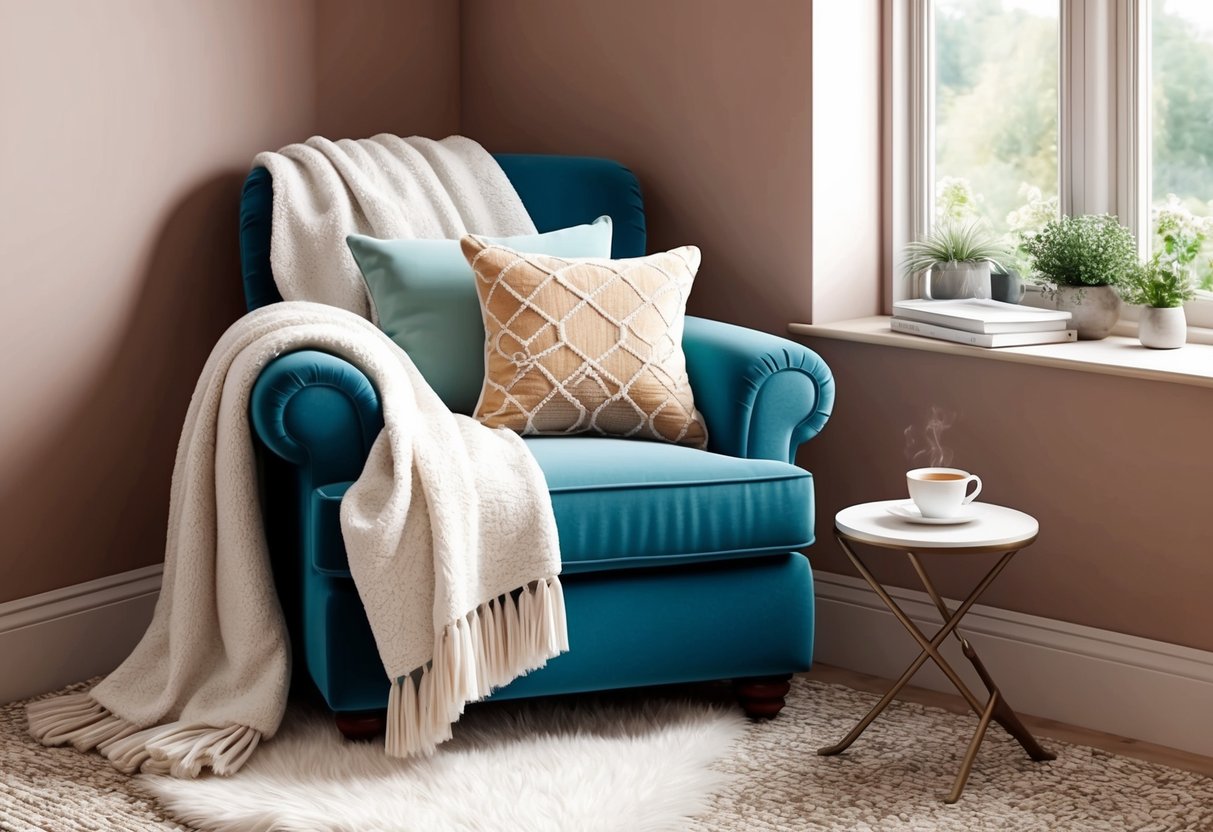 A plush armchair nestled in a corner, adorned with soft throw blankets and an array of decorative pillows. A warm, inviting space with a small side table for a cup of tea