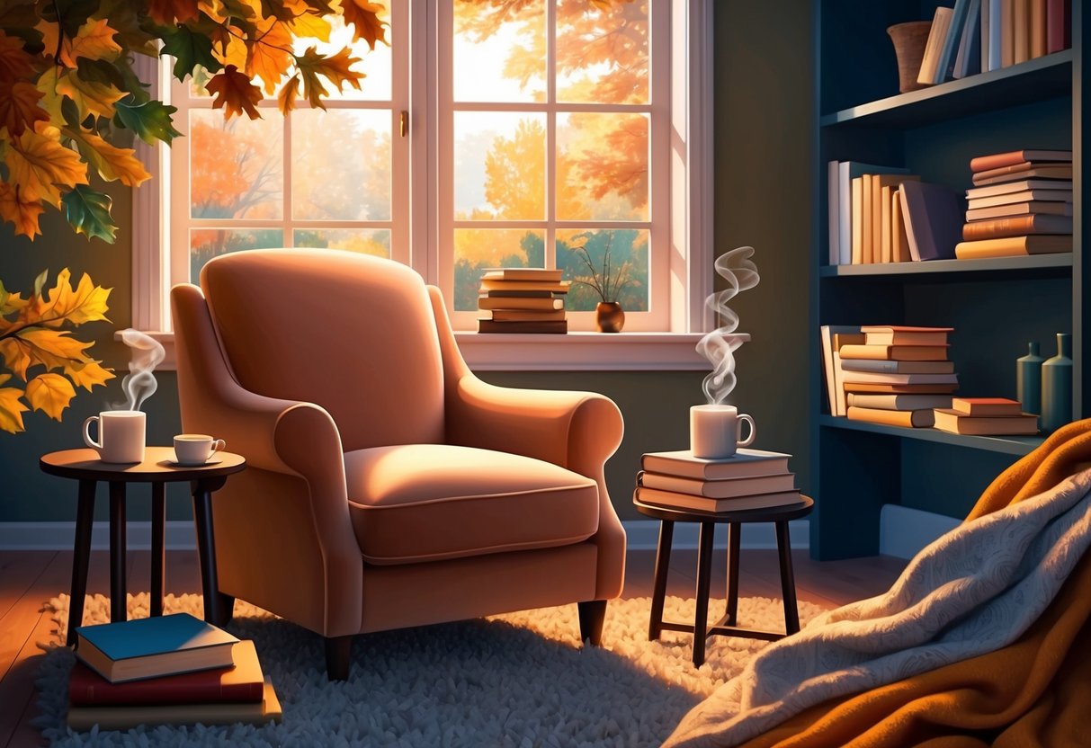 A warm, softly lit reading nook with a plush armchair, a side table with a steaming mug, and a stack of books surrounded by autumn foliage and cozy blankets