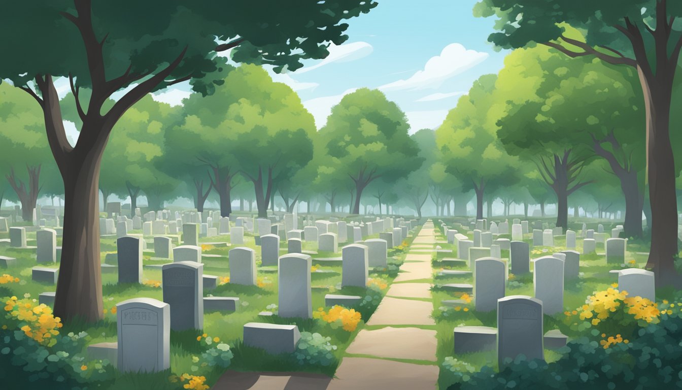 A serene cemetery with rows of headstones and markers, surrounded by trees and greenery