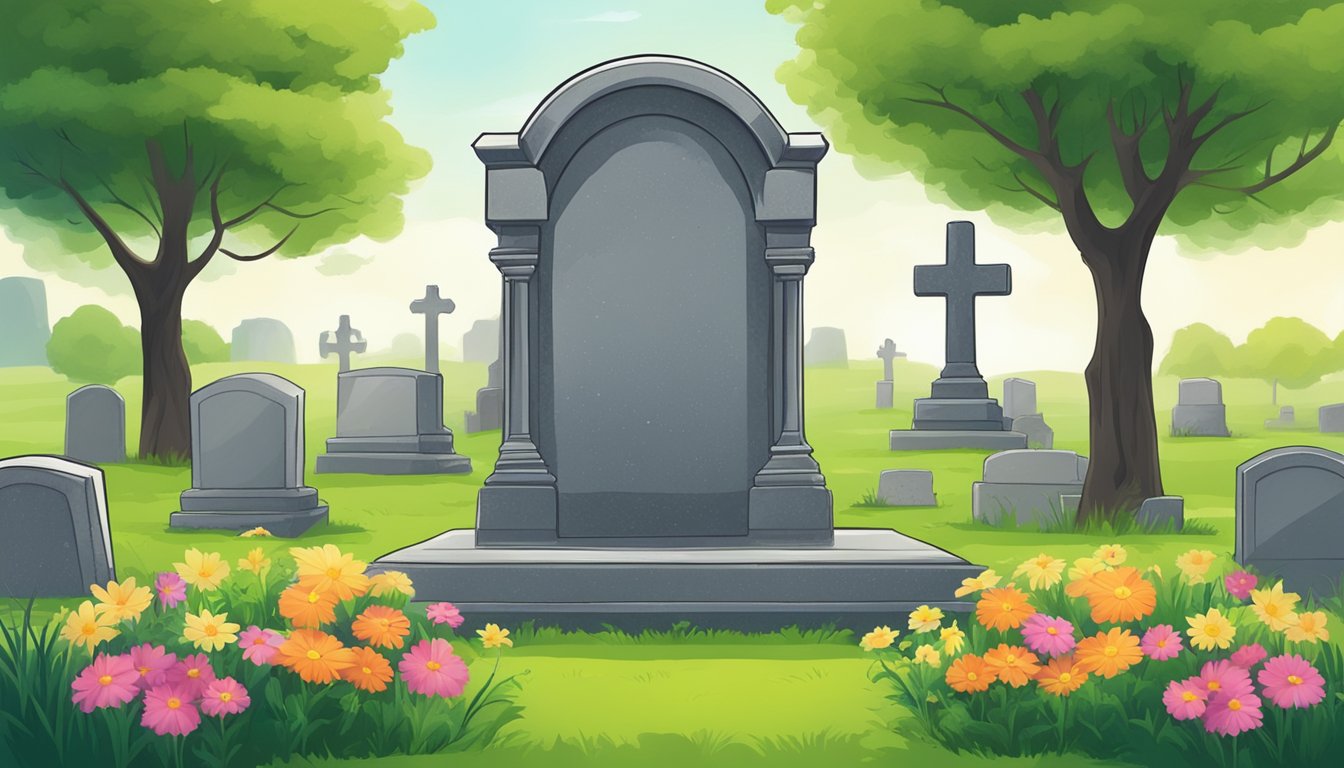 A serene cemetery plot with a weathered gravestone, surrounded by lush green grass and colorful flowers