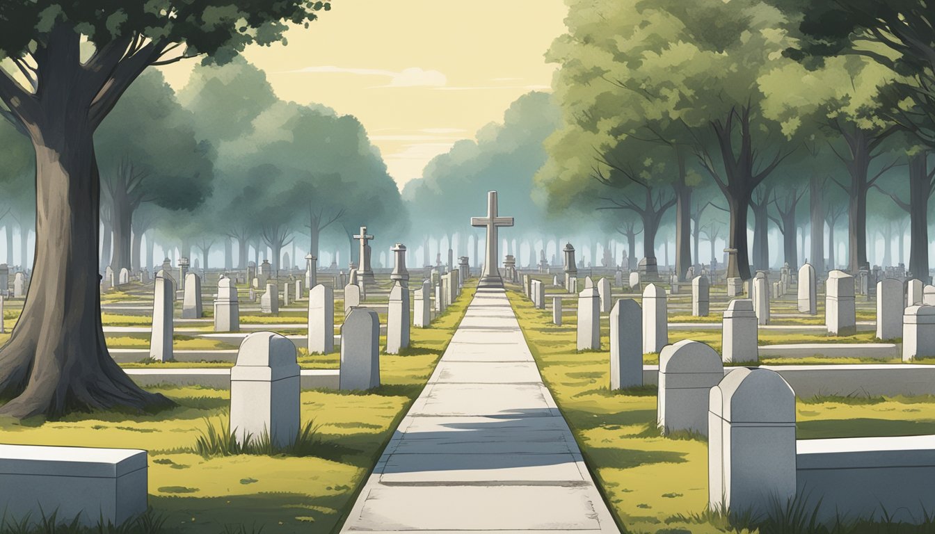 A serene cemetery with rows of plots, marked by headstones and surrounded by trees, under a clear sky