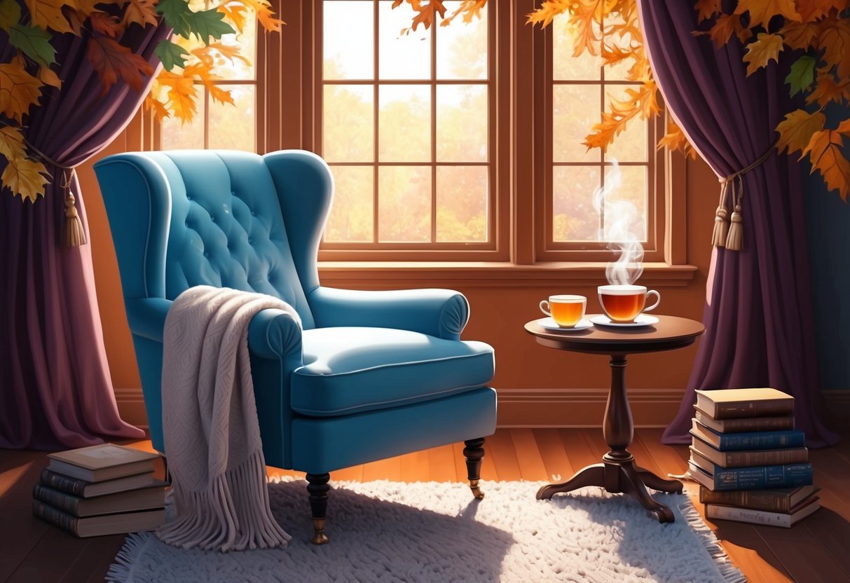 A cozy reading nook with a plush armchair, soft throw blanket, warm lighting, and a steaming cup of tea on a side table, surrounded by autumn foliage and a stack of books