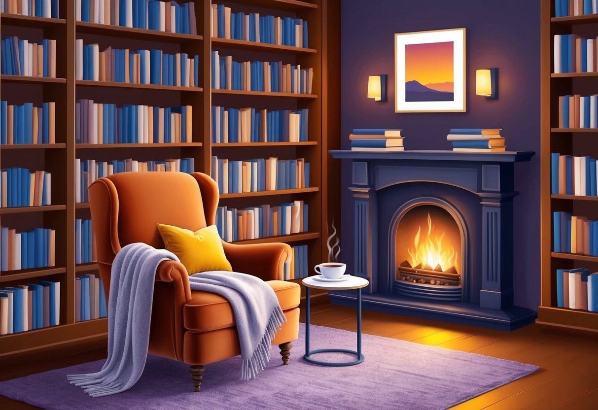 A warm, inviting reading nook with a plush armchair, soft throw blanket, and a small side table holding a steaming cup of tea, surrounded by shelves of neatly organized books and a flickering fireplace