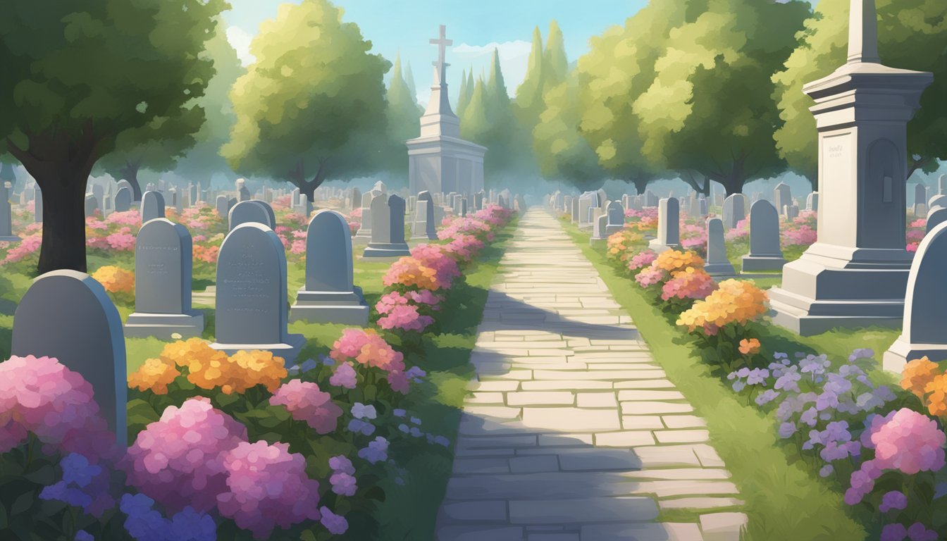 A serene virtual cemetery with rows of plots, marked by virtual memorials and surrounded by digital flowers and trees