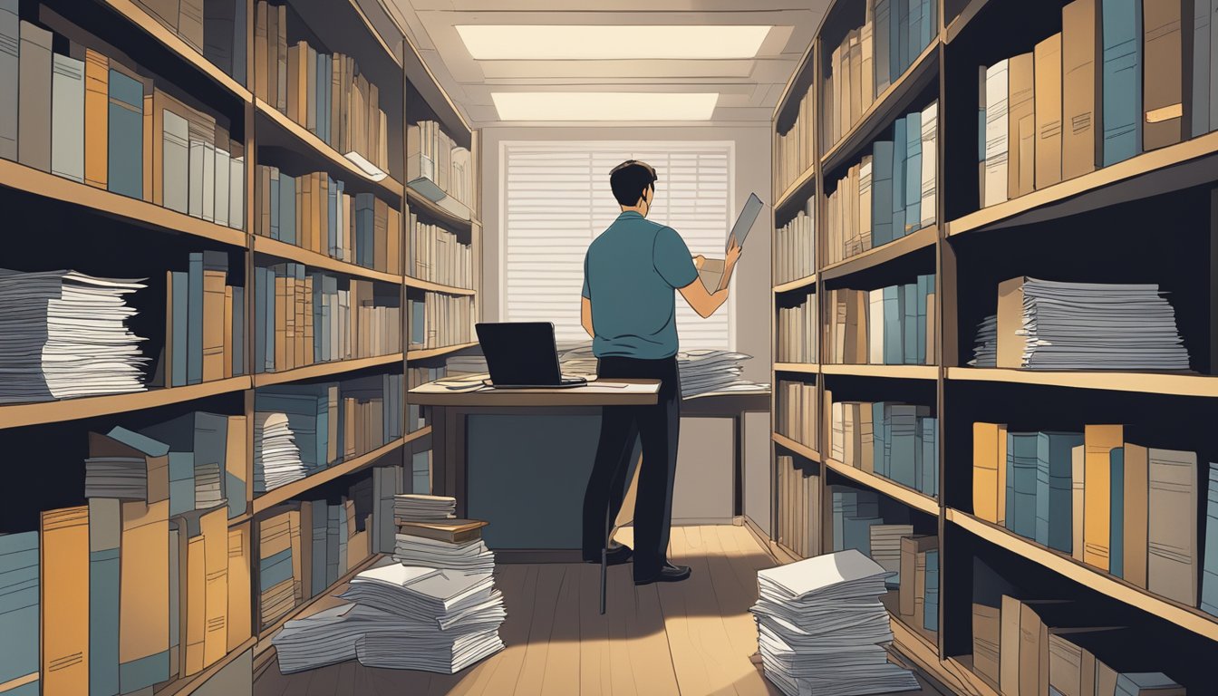 A person searching through old files and documents in a dimly lit office, surrounded by shelves of dusty books and papers