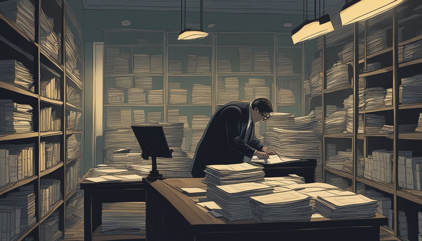 A person searching through old files in a dimly lit office, surrounded by stacks of papers and folders. A vintage map of a cemetery plot is pinned to the wall