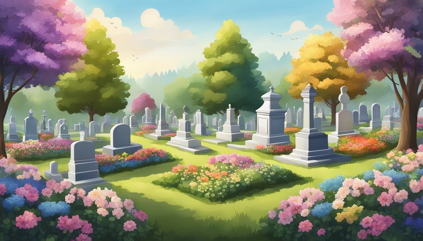 A peaceful cemetery with neatly arranged plots, surrounded by tall trees and colorful flowers