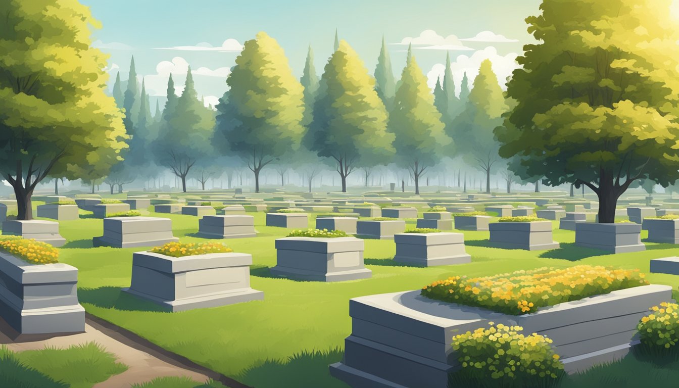 A serene cemetery with rows of plots, surrounded by trees and a peaceful atmosphere