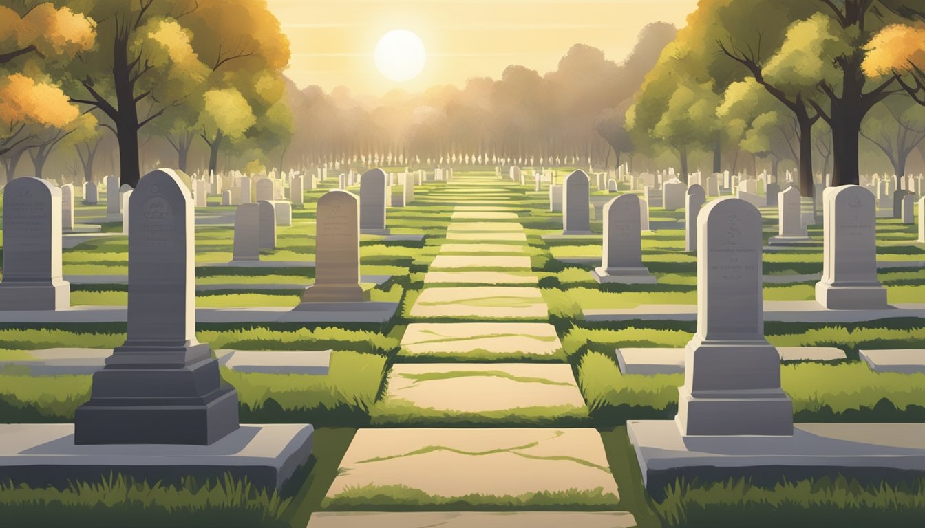 A serene cemetery with rows of plots, each marked with a small sign displaying the price and valuation. The sun casts a warm glow over the peaceful setting