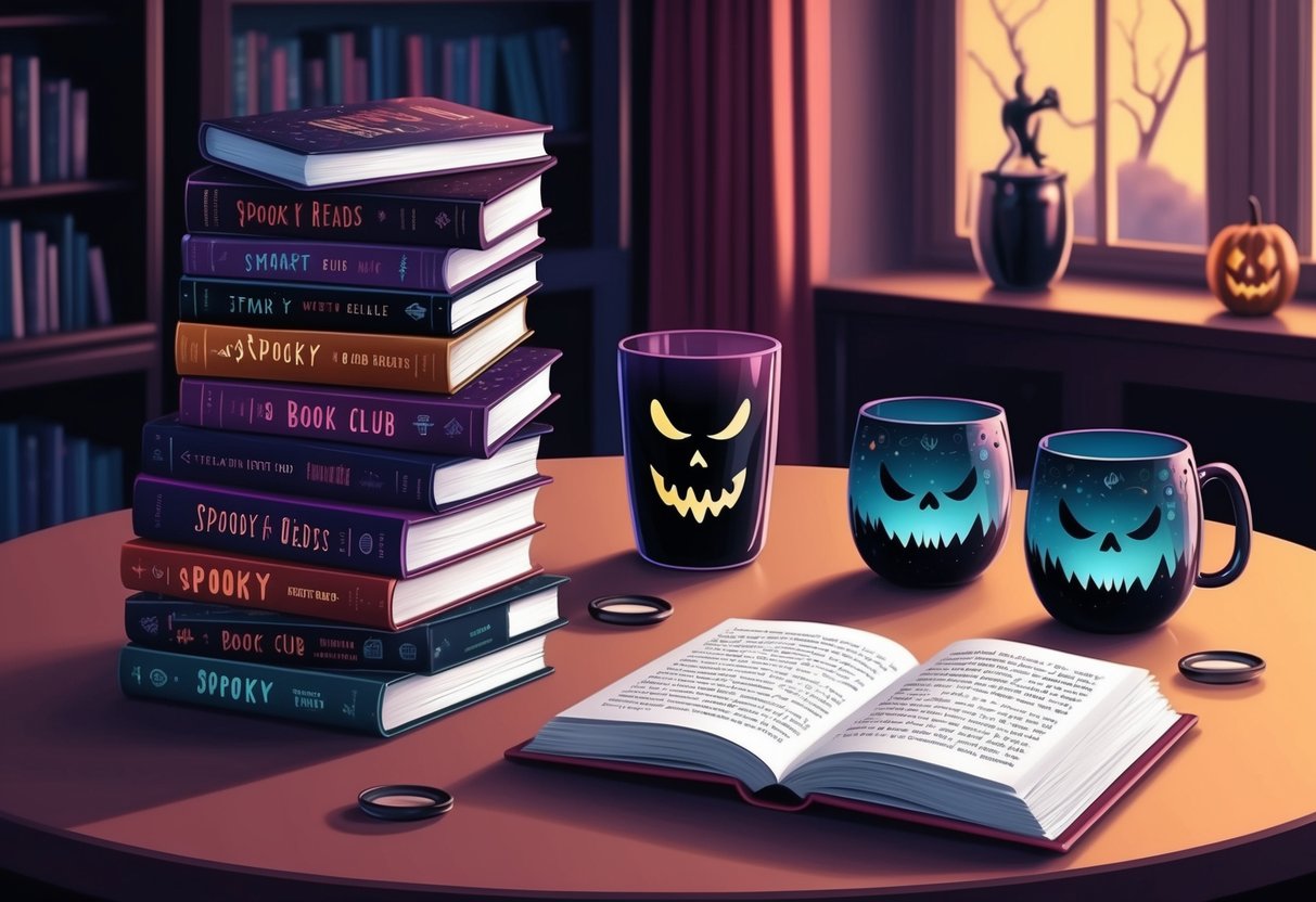 A cozy book club scene with a stack of spooky reads and a table set with eerie-themed glasses