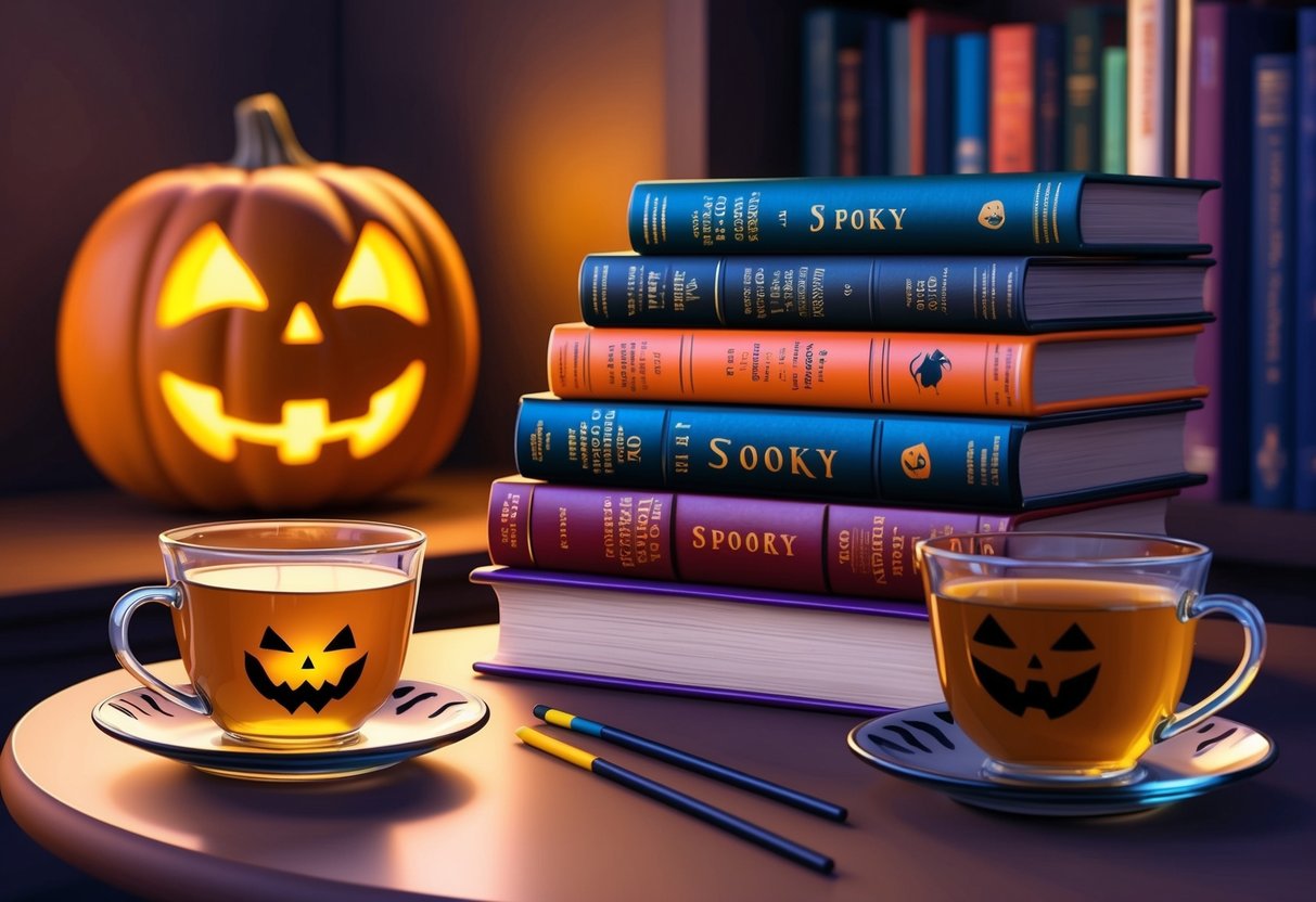 A cozy reading nook with a stack of spooky books, a warm cup of tea, and Halloween-themed glasses on a table. A jack-o-lantern glows in the background