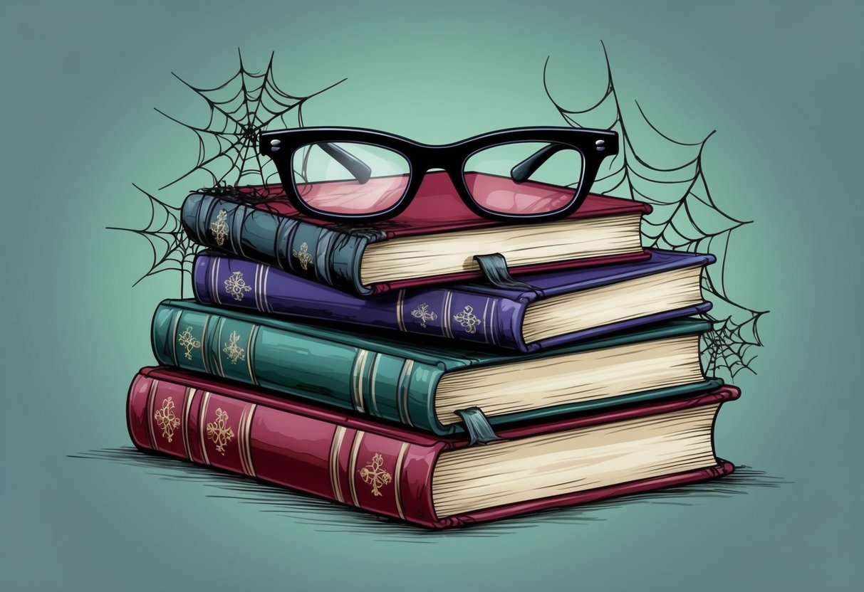 A stack of eerie books with cobweb decorations and a pair of spooky glasses placed on top